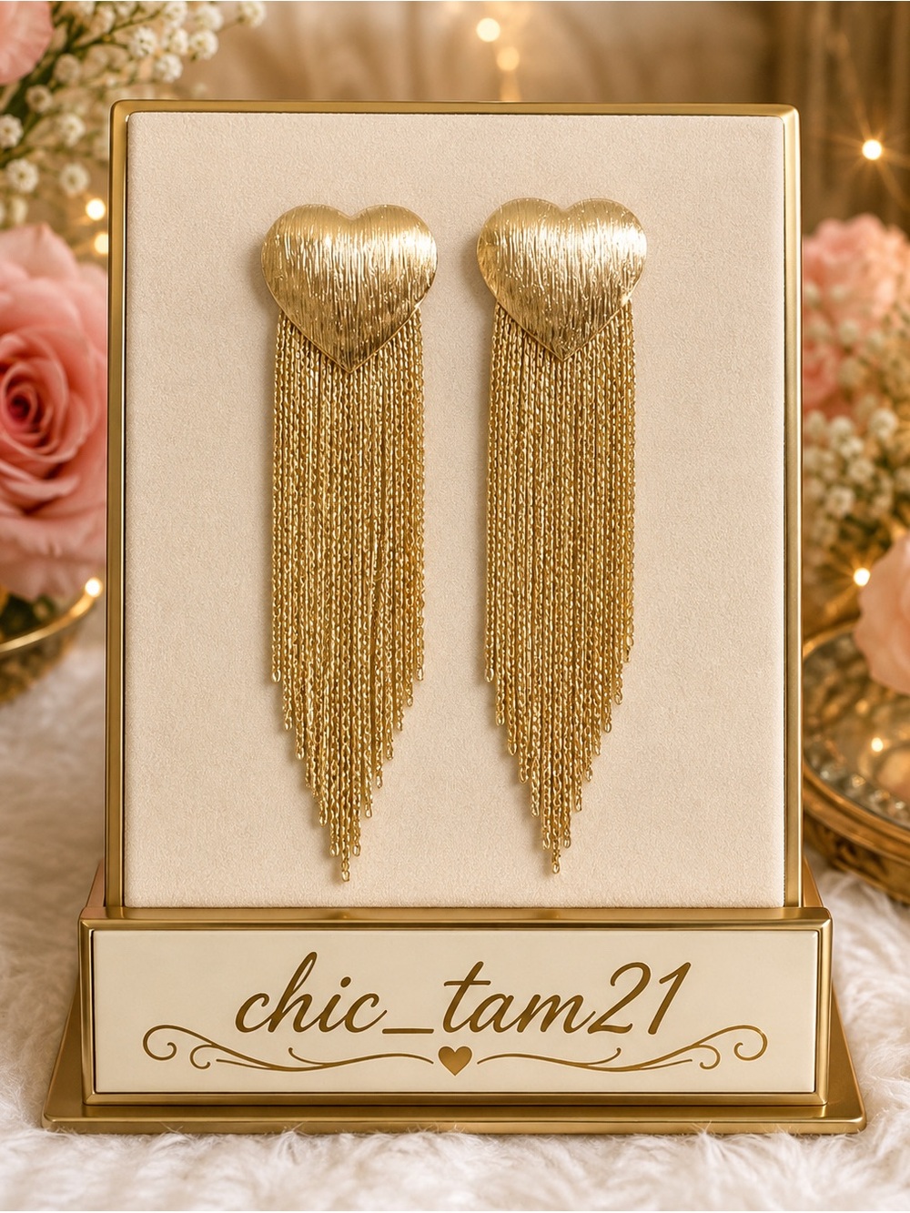 Gold Heart Tassel Drop Earrings